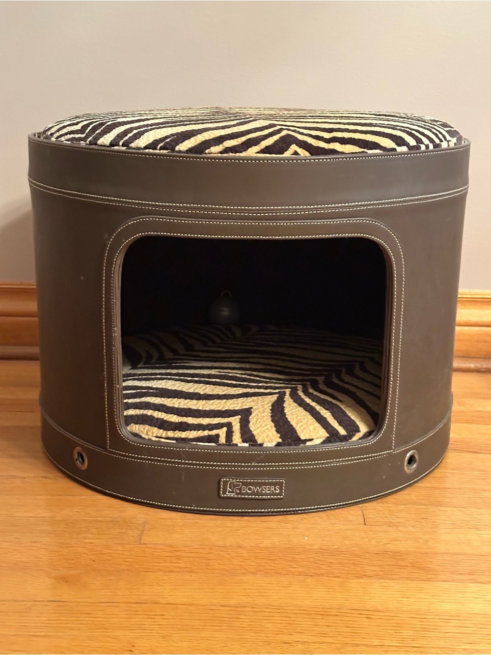 Brown Leatherette Pet Bed with Zebra Print Cushion